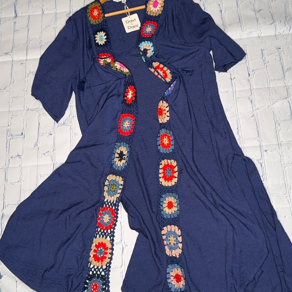 DAVI & DANI Navy Dress with Multicolor Crochet Details